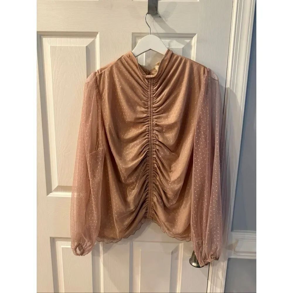 En Elly Nude Swiss Dot Sheer Sleeve High Neck Gathered Front Blouse sz 2X EUC